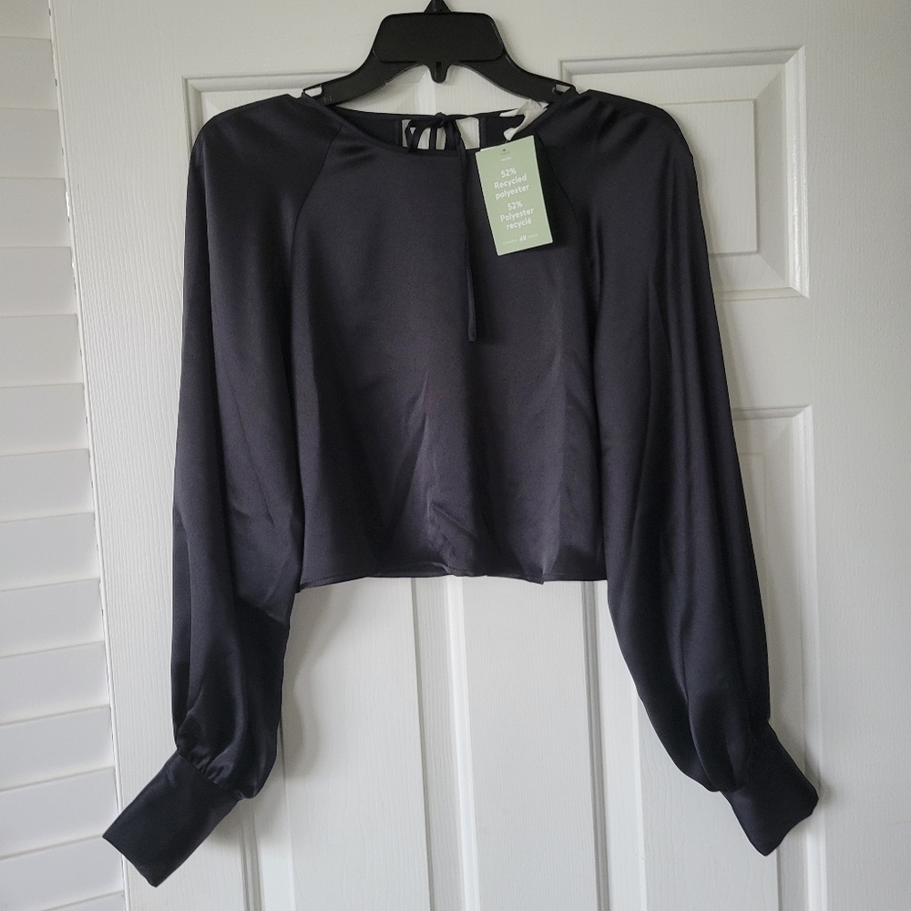H&M Elegant Black Satin Blouse with Tie Back